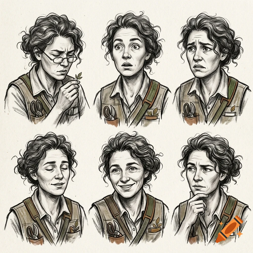 An illustration sheet showing six facial expressions of a woman with curly hair and a vest.