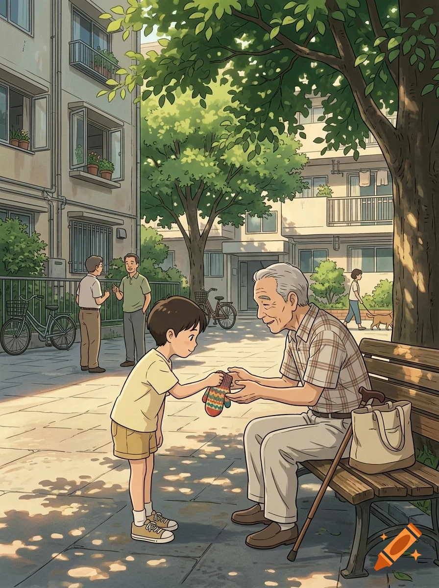An elderly man sitting on a park bench accepts a knitted mitten from a young boy in an apartment courtyard.