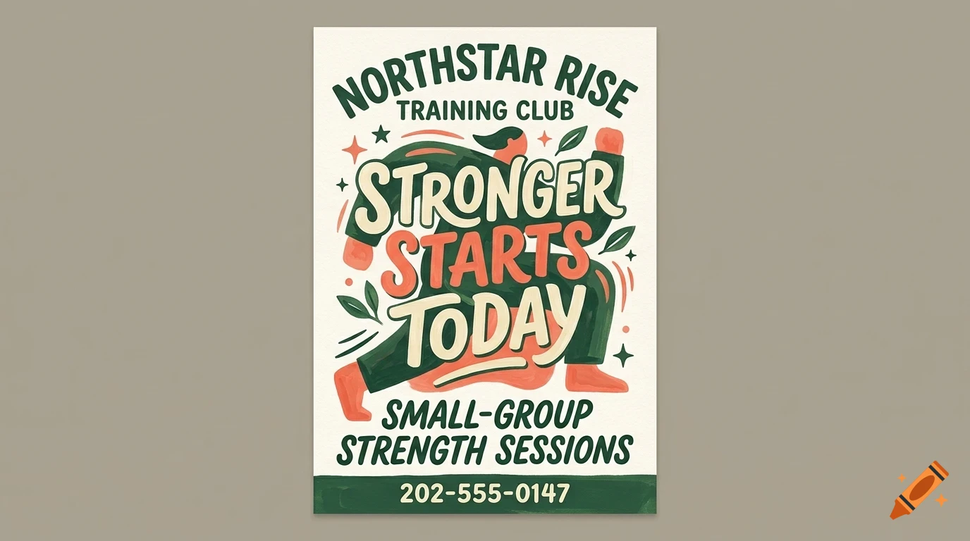 An illustrated poster for Northstar Rise Training Club featuring a person exercising and bold lettering saying STRONGER STARTS TODAY.