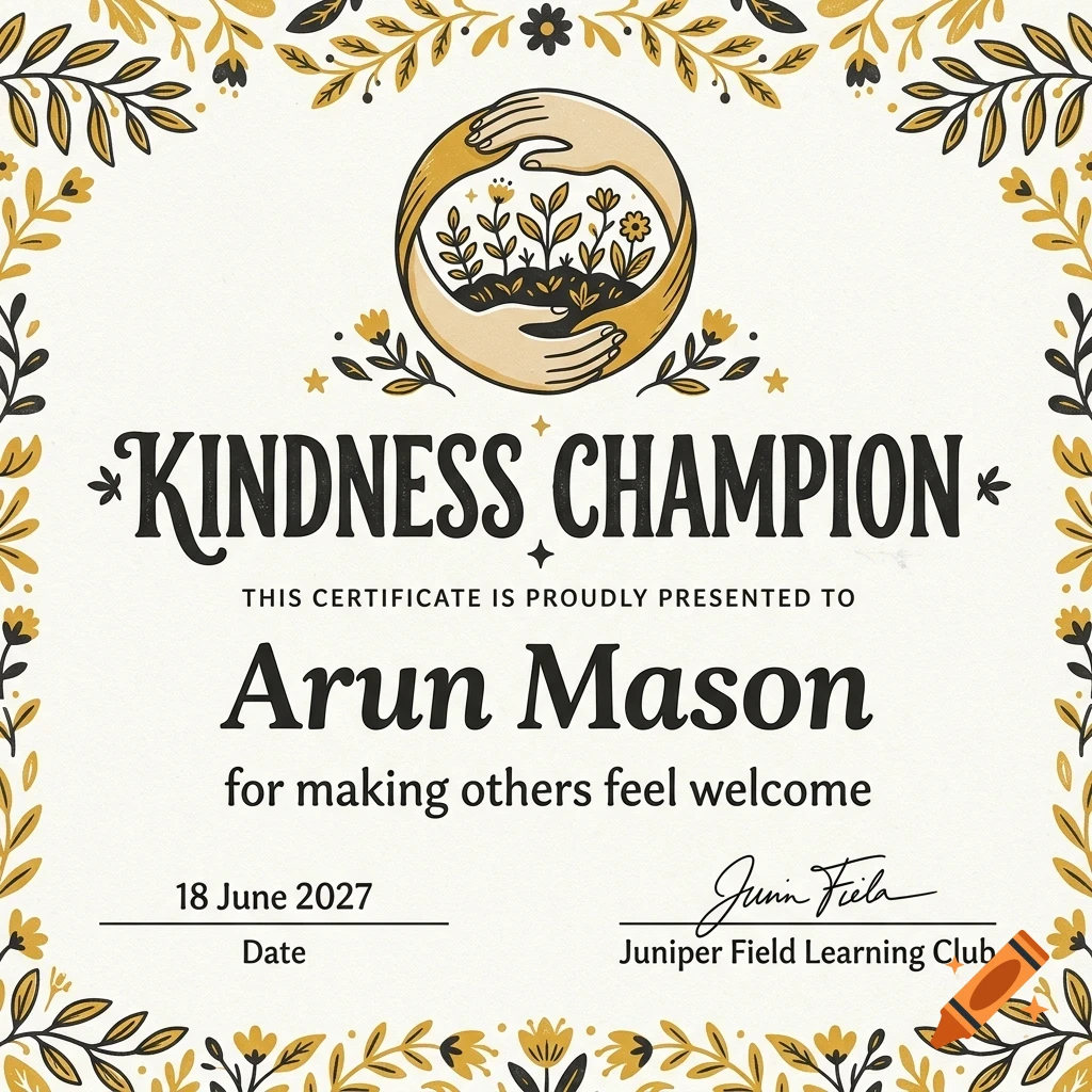 A certificate titled Kindness Champion awarded to Arun Mason with a floral border and central illustration of hands holding plants.