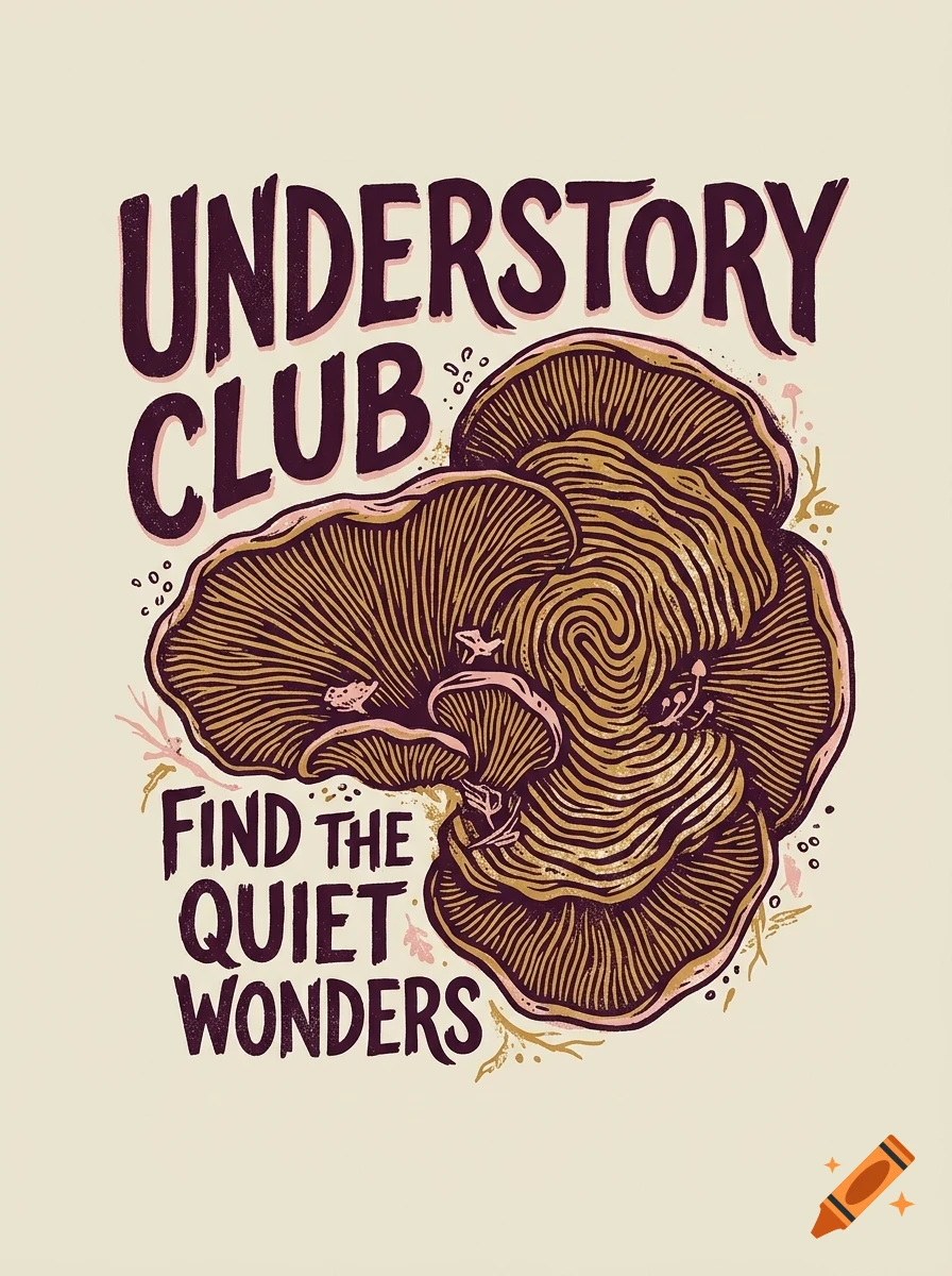 An illustration of brown mushrooms accompanied by the text "UNDERSTORY CLUB - FIND THE QUIET WONDERS".