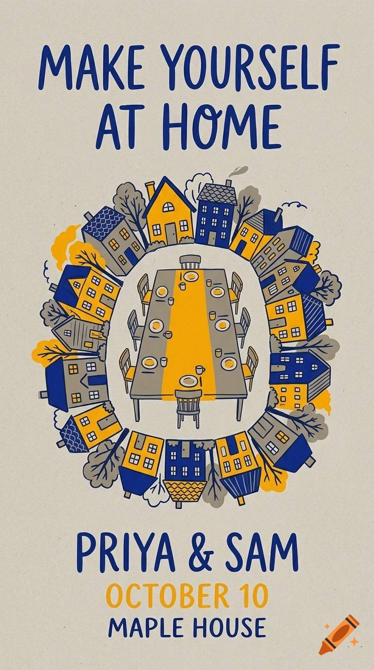 An illustration featuring a long dining table surrounded by a ring of houses, with the text MAKE YOURSELF AT HOME at the top and event details at the bottom.