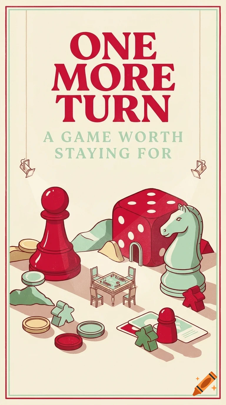 An illustrated poster featuring board game pieces, dice, and lettering that reads "ONE MORE TURN, A GAME WORTH STAYING FOR".