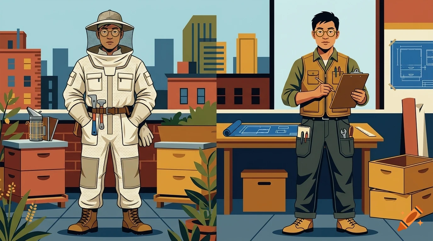 Illustration showing a beekeeper in a protective suit on the left and the same person indoors reviewing blueprints on the right.