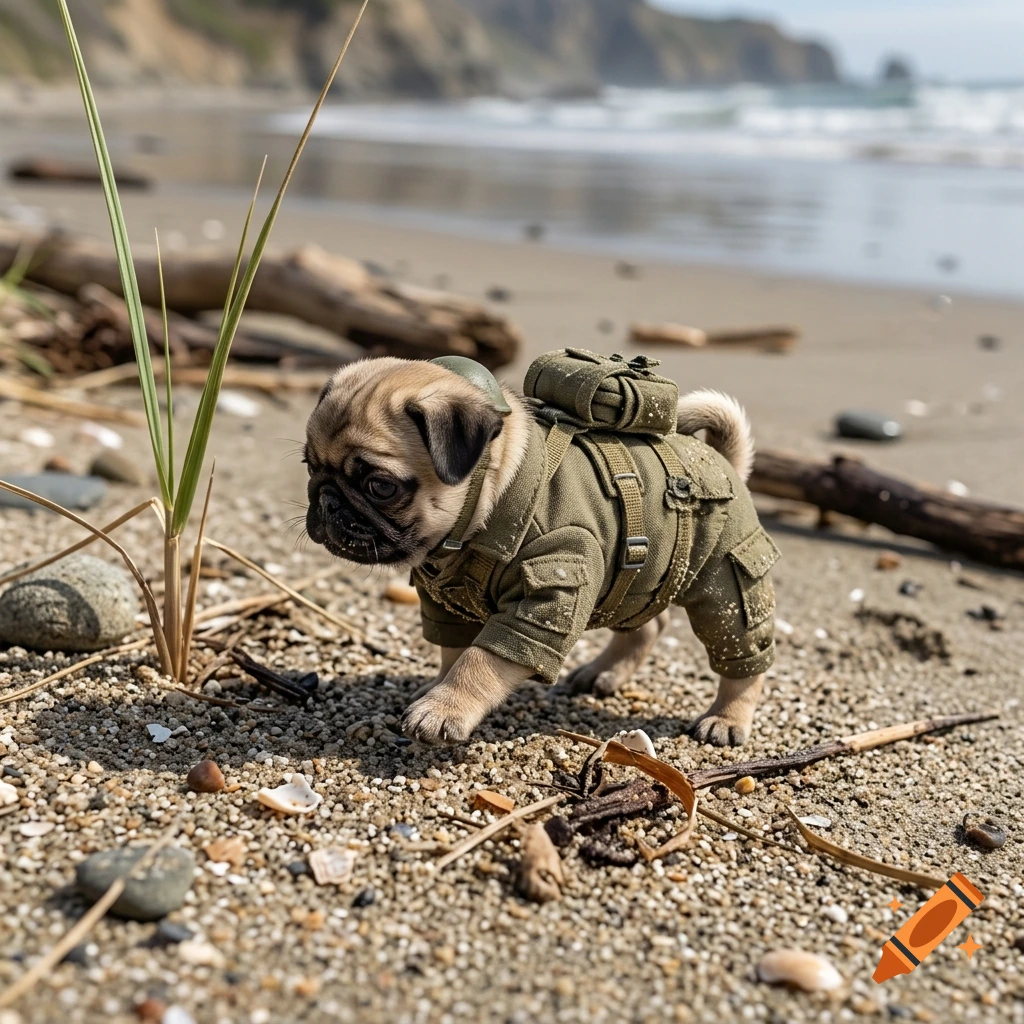 Photorealistic 1-inch tall pug wearing a miniature military uniform and backpack, navigating a sandy beach near ocean waves.