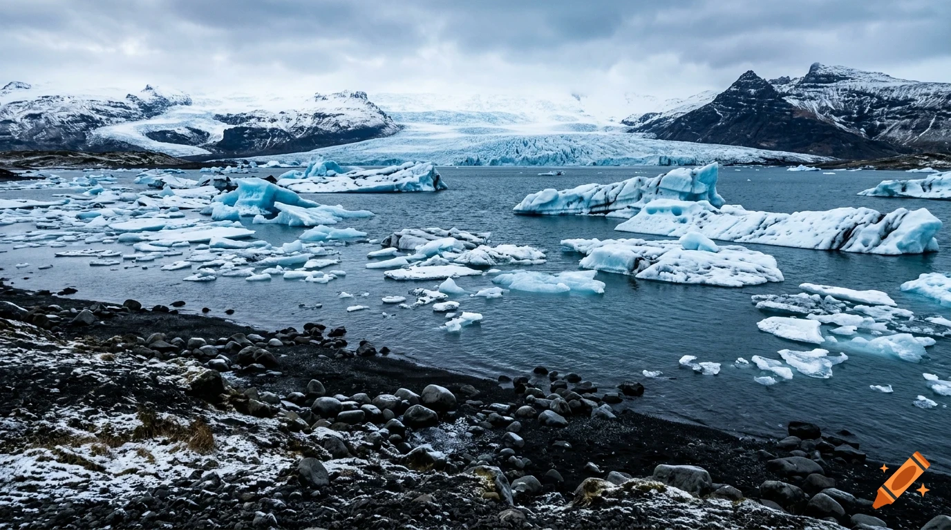 A glacial lagoon filled with floating icebergs under a cloudy sky, with snow-covered mountains in the background and a rocky shore in the foreground.
