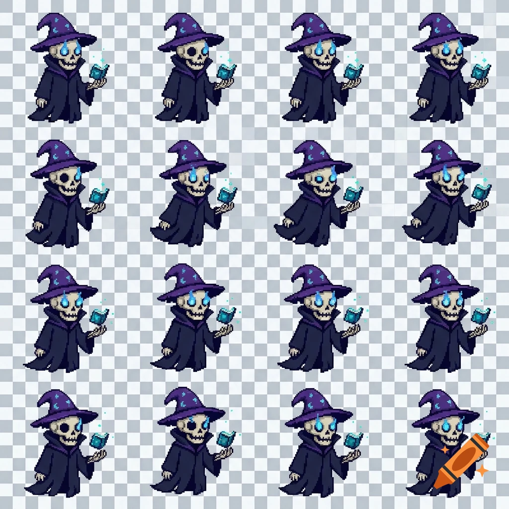 Pixel art animation sheet of a small skeletal wizard in a purple robe and hat holding a glowing book.