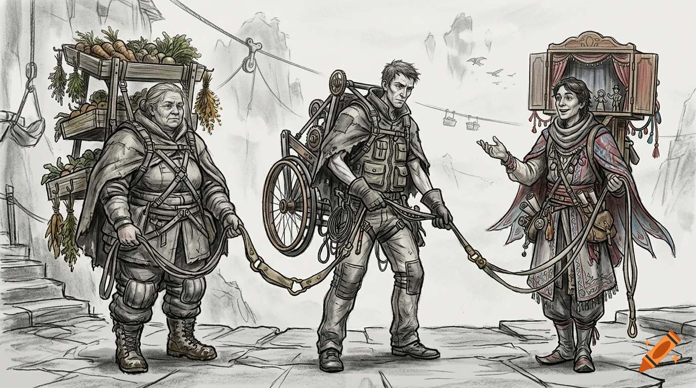 An ink and pencil illustration depicting three people outdoors in a mountainous setting, pulling each other with ropes connected to their gear and carrying supplies including a vegetable crate, a wheeled contraption, and a puppet theater.