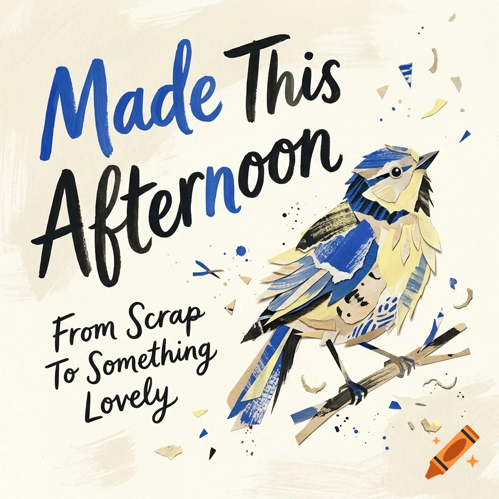 A collage-style illustration of a blue bird perched on a branch, accompanied by handwritten text that reads Made This Afternoon and From Scrap To Something Lovely.