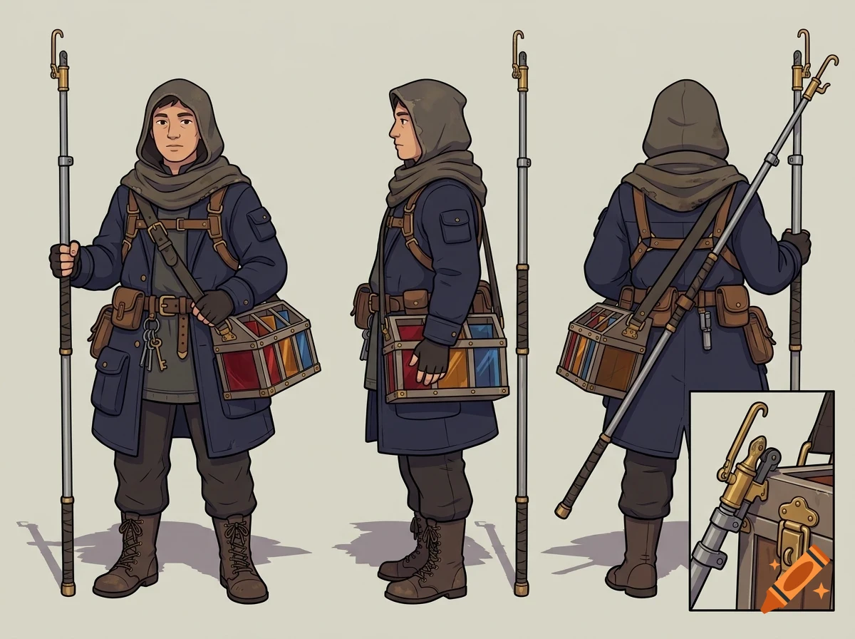 Character design sheet showing a hooded traveler with a staff, dark coat, and a chest with colorful vials from front, side, and back views.