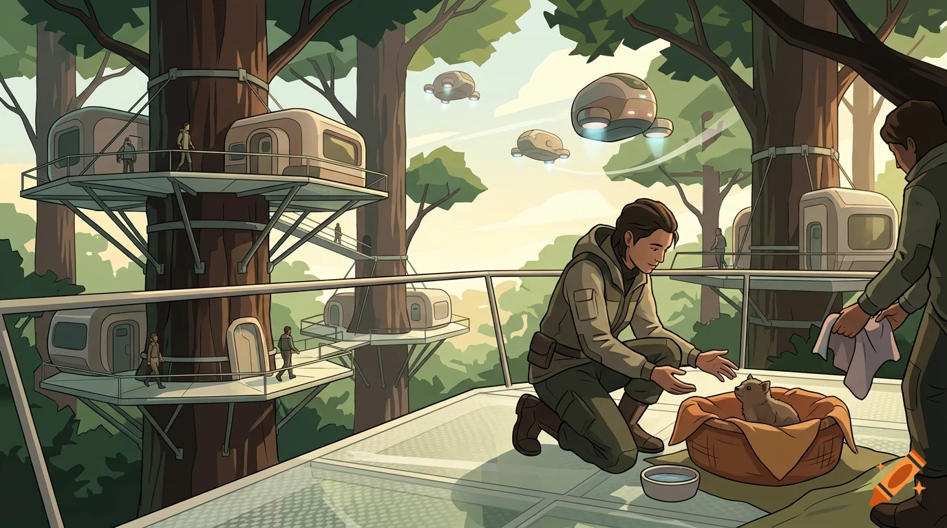 An illustrated futuristic forest community with treehouse modules on massive tree trunks, people, and flying craft.