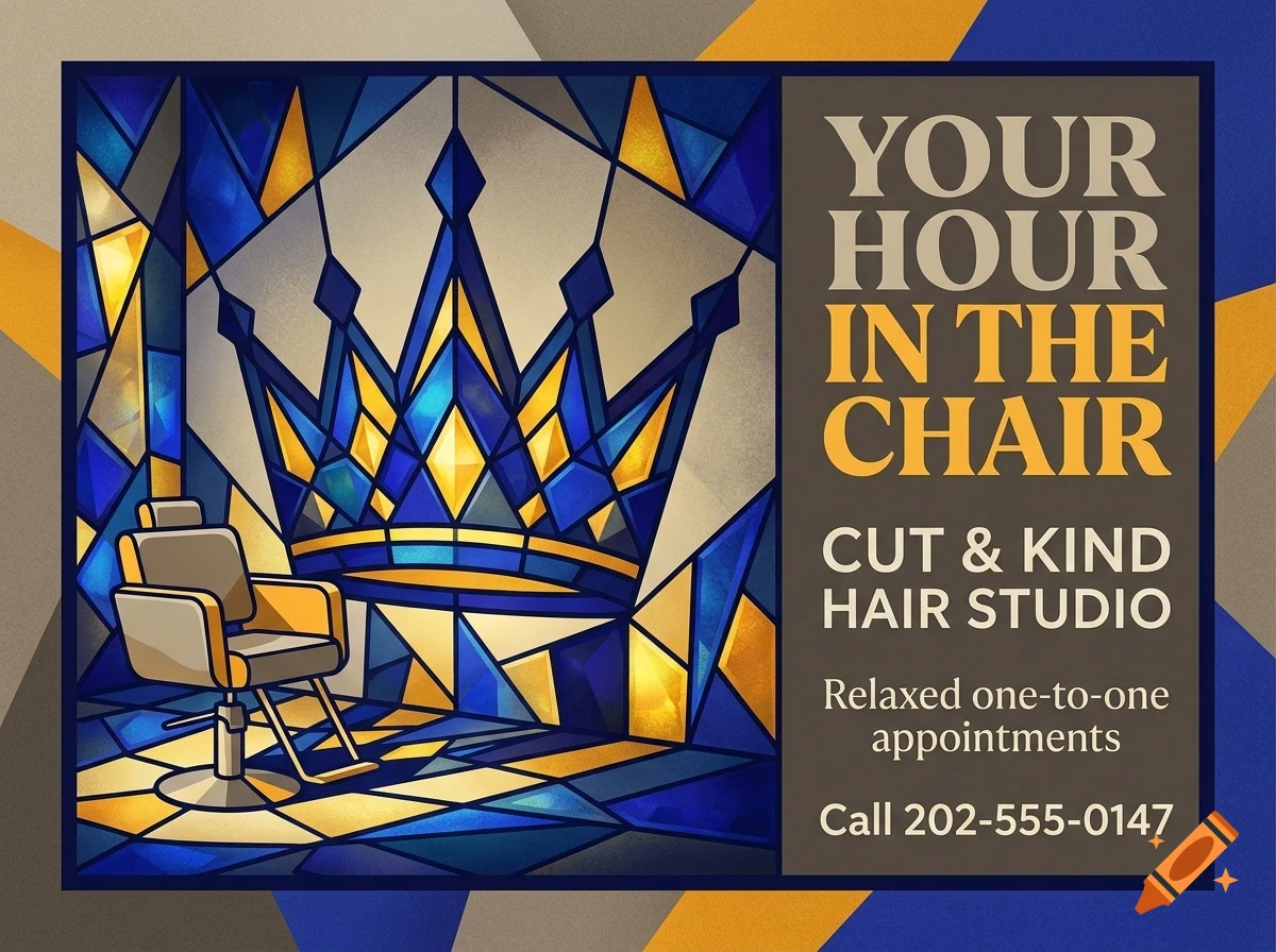 An advertisement for Cut & Kind Hair Studio featuring a salon chair and a crown in a stained glass art style.