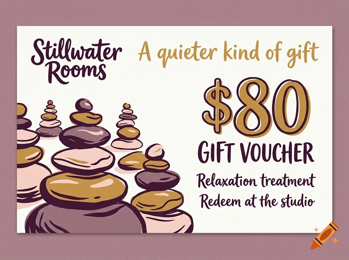 An illustration of a gift voucher with balanced stones and the text Stillwater Rooms and 80 dollar gift voucher.