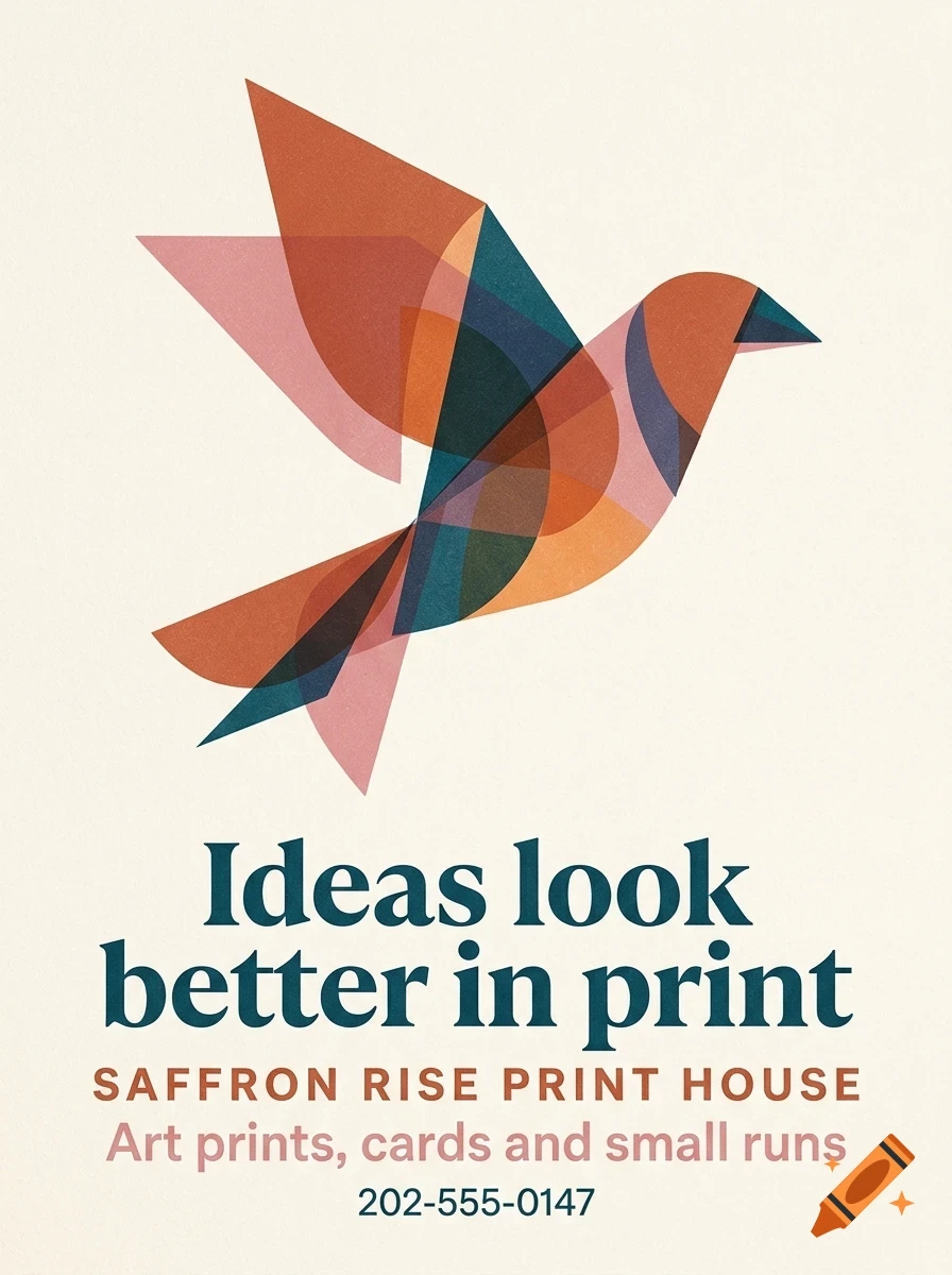 An abstract, geometric illustration of a bird made from overlapping transparent colored shapes, accompanied by promotional text.