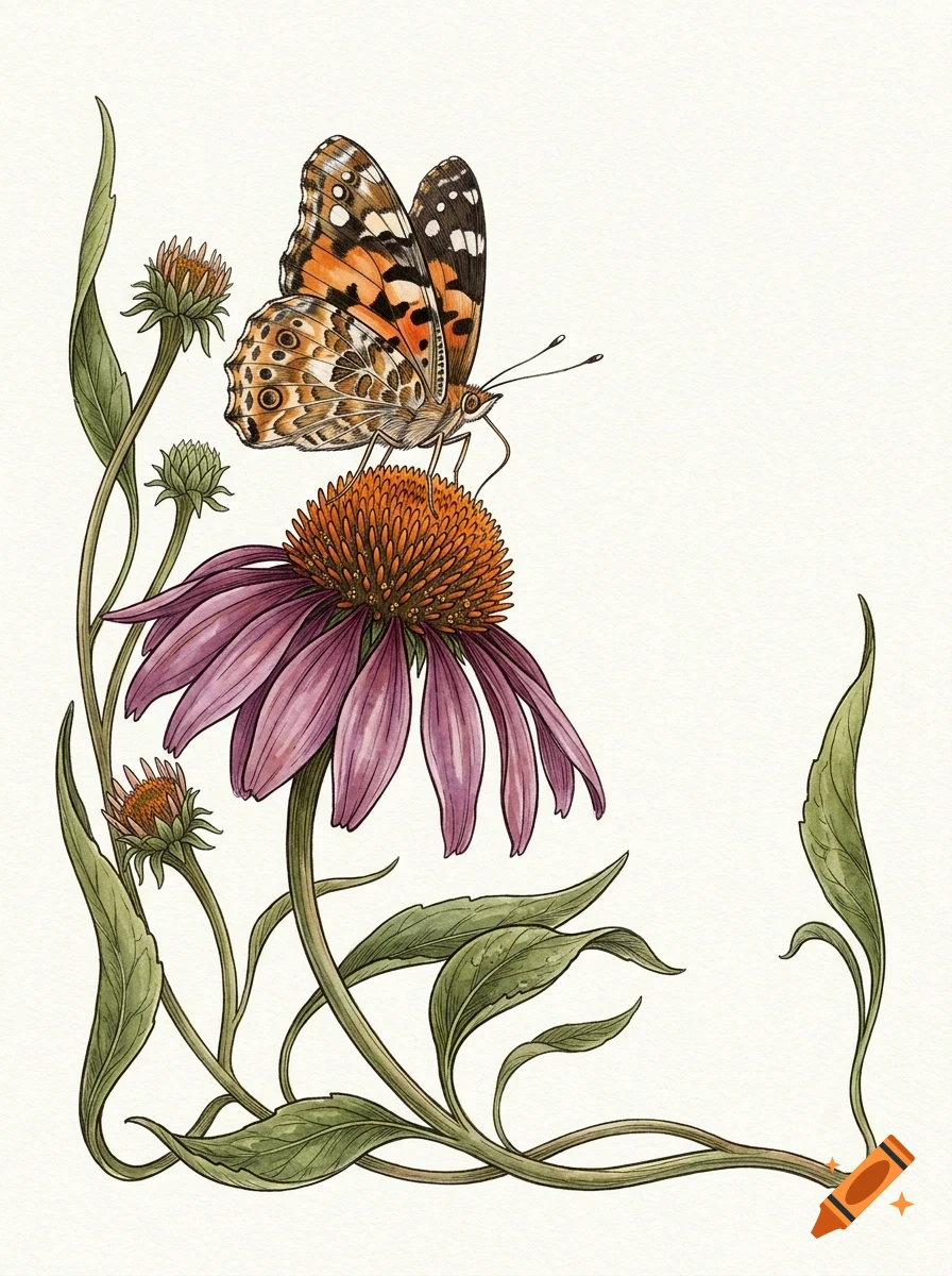 An illustrated butterfly rests on a purple coneflower surrounded by stems and leaves.