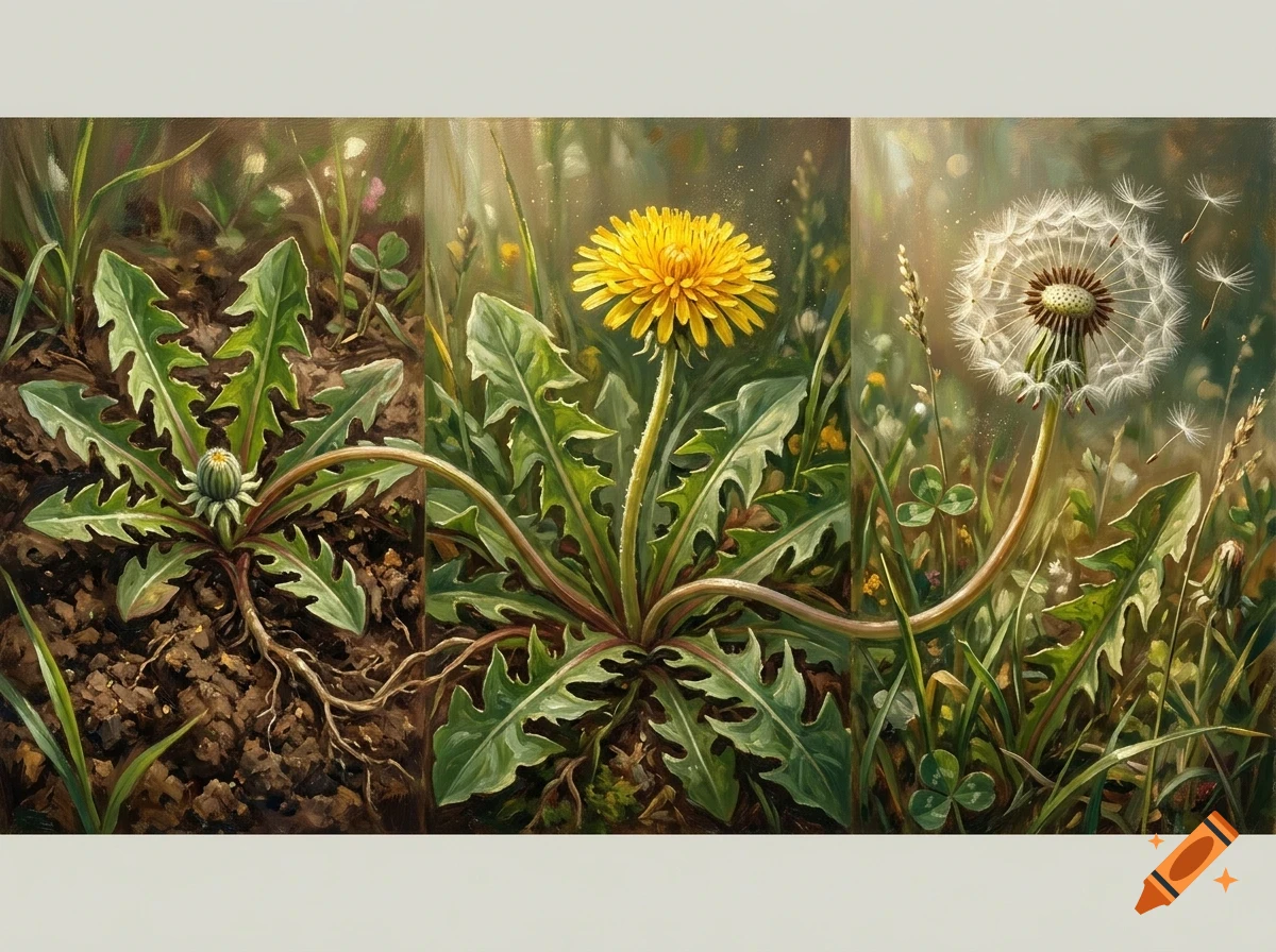 An oil painting triptych showing the life cycle of a dandelion plant, from a closed bud in the soil to a bright yellow flower, and finally a white seed head blowing in the wind.