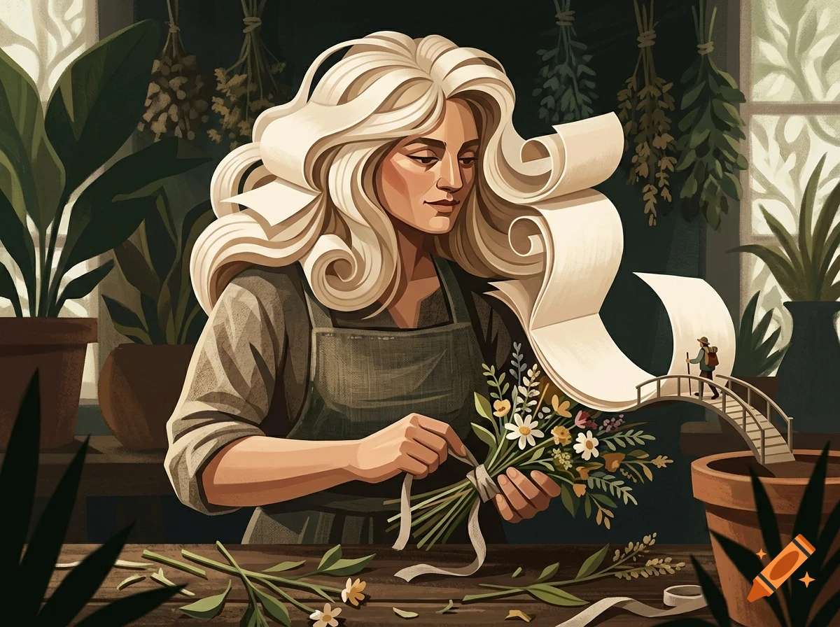 An illustration of a woman arranging a bouquet of flowers in a workshop with hanging plants.