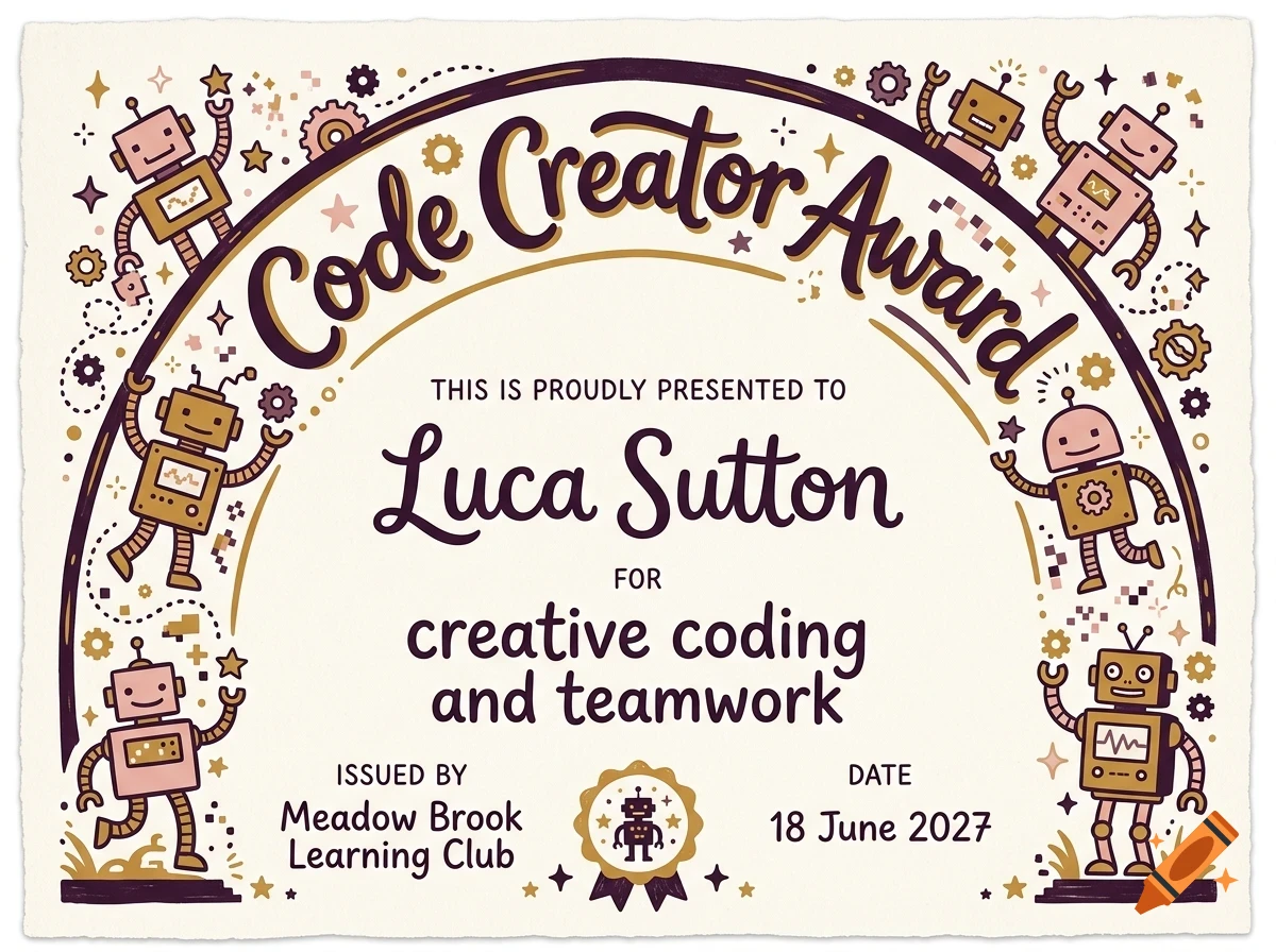 An award certificate titled Code Creator Award presented to Luca Sutton, decorated with cartoon robots, gears, and stars.