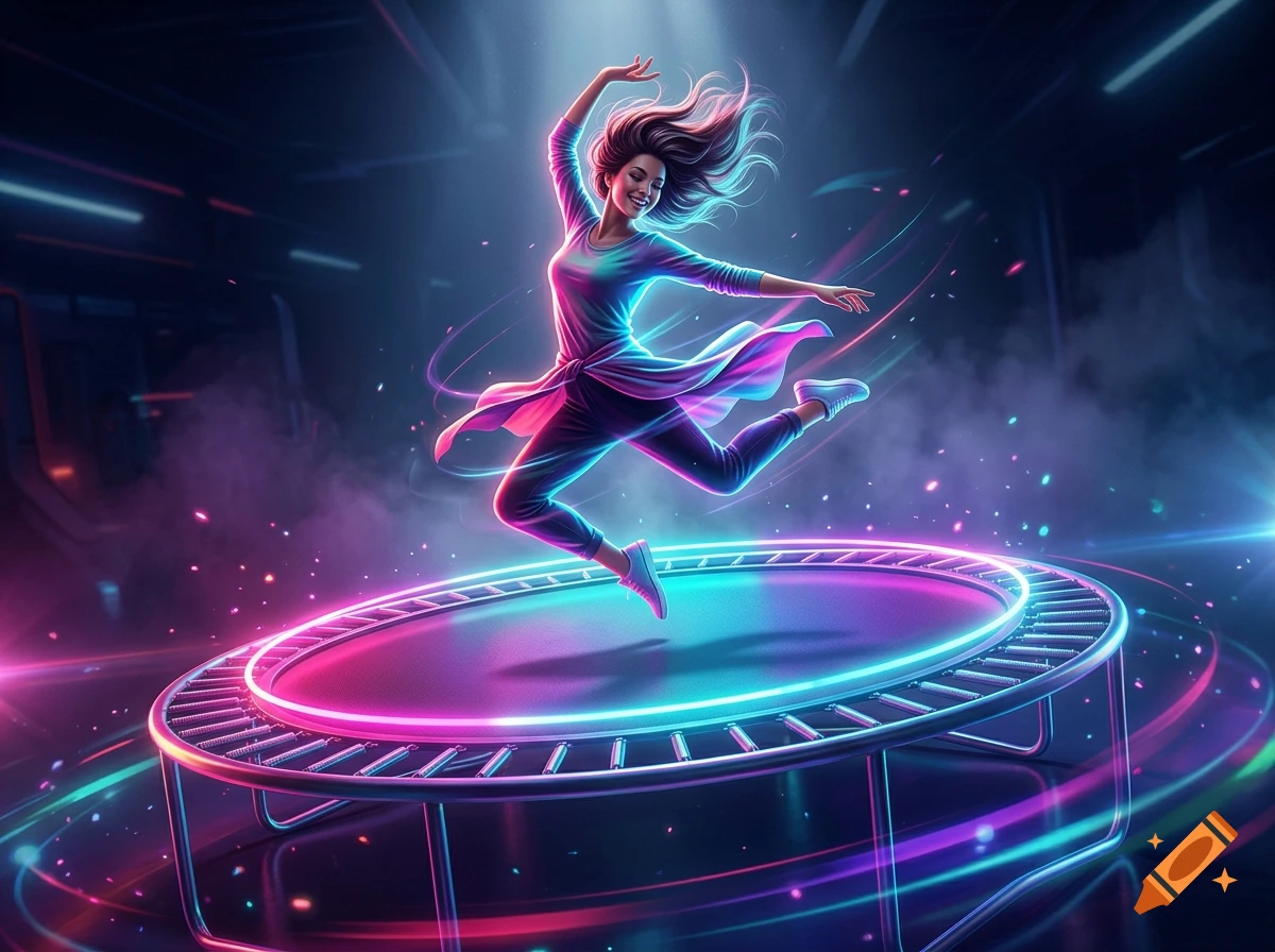 A smiling woman with flowing hair jumping on a glowing neon trampoline in a dark futuristic setting, digital art style.