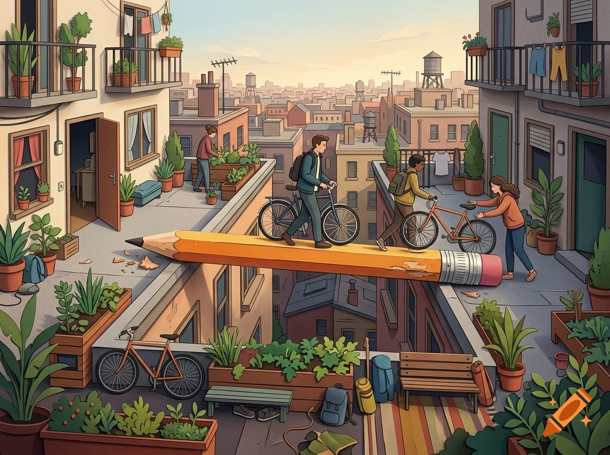 An illustrated city rooftop scene where people walk across a giant pencil bridging two buildings.