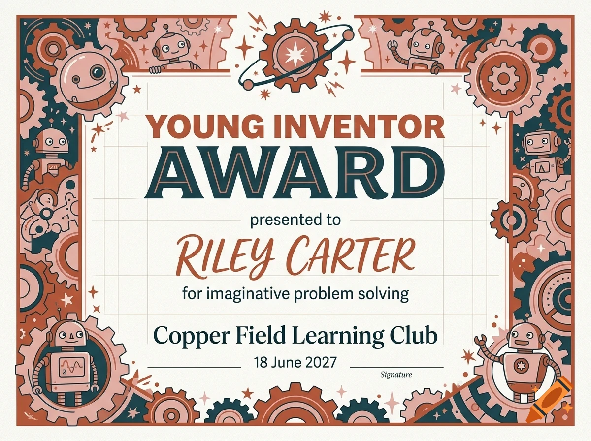 An award certificate titled Young Inventor Award featuring a decorative border with gears and robots.
