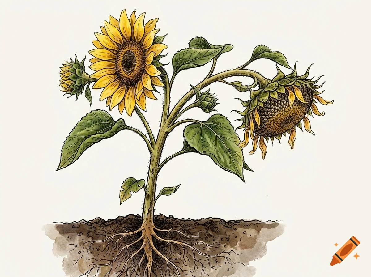 An illustration of a sunflower plant with visible roots in the soil, featuring a bright yellow bloom and a wilting flower head.