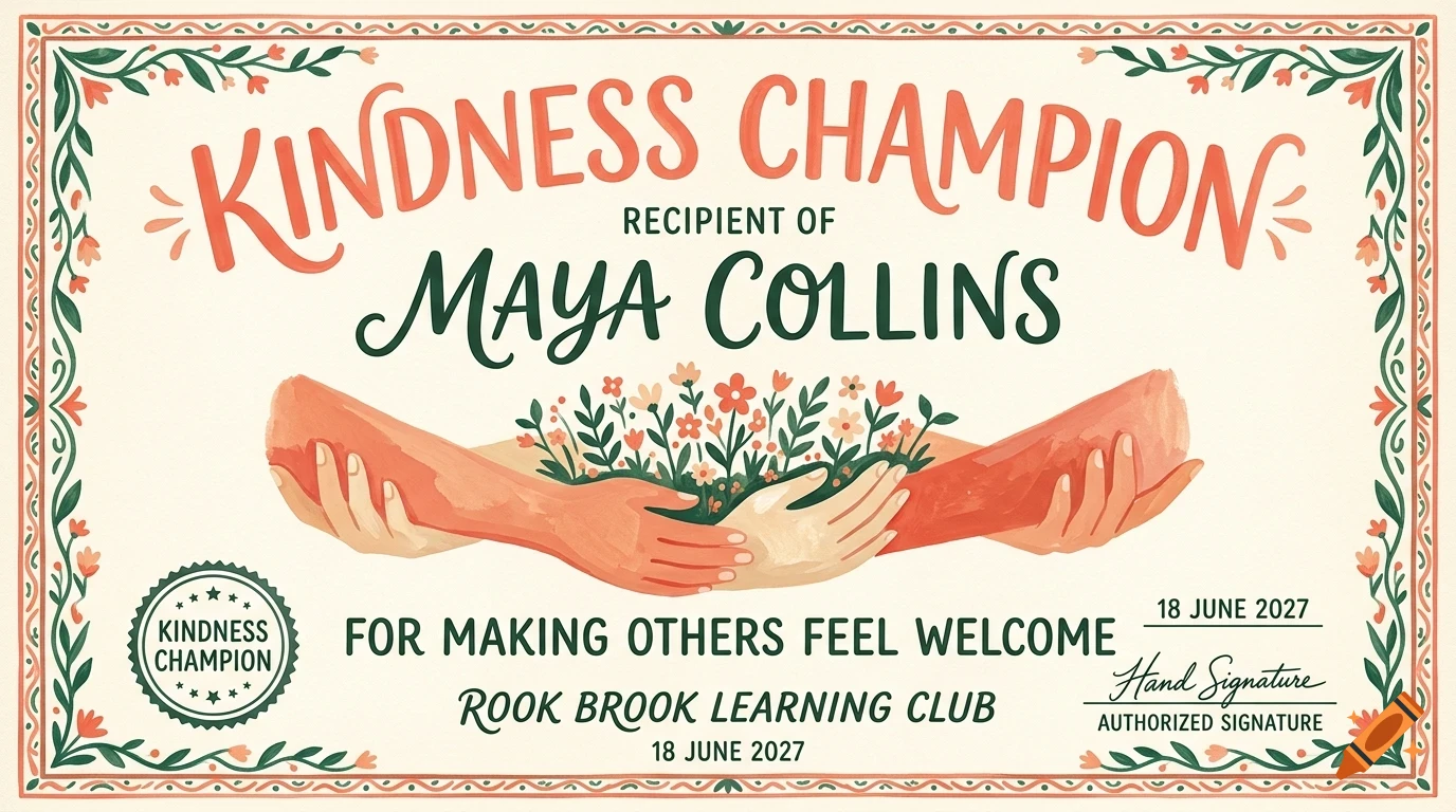 An award certificate reading Kindness Champion, featuring floral illustrations and hands holding flowers.