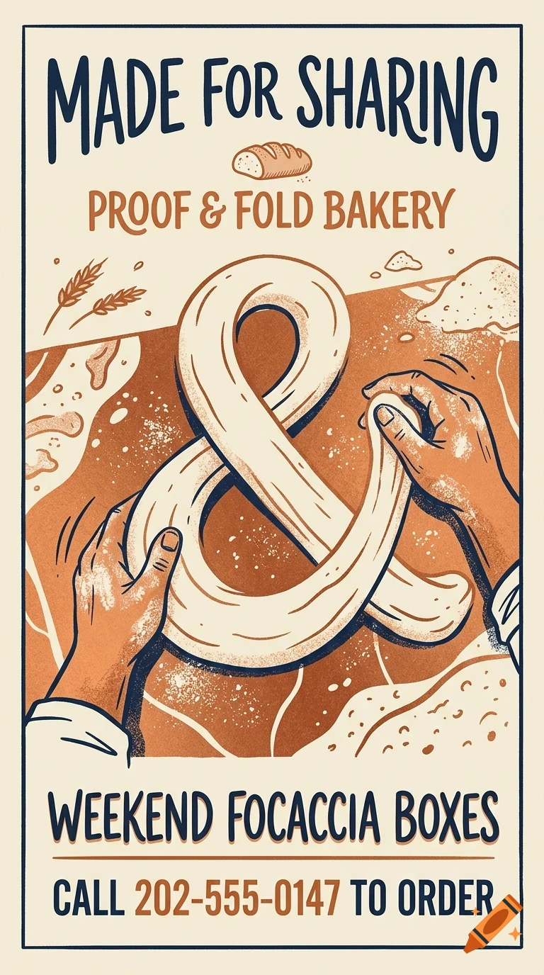 An illustration of hands shaping dough into an ampersand symbol, with the text MADE FOR SHARING, PROOF & FOLD BAKERY, and WEEKEND FOCACCIA BOXES.