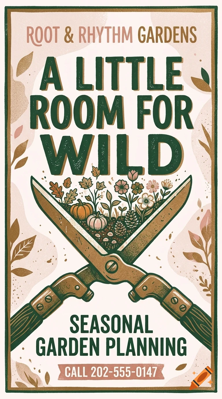 An illustrated poster featuring crossed garden shears containing tiny plants, flowers, pumpkins, and pinecones, with the text 'A LITTLE ROOM FOR WILD' and 'SEASONAL GARDEN PLANNING'.