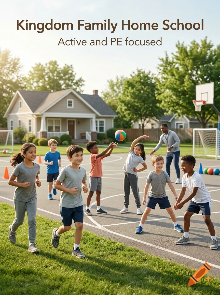 Children playing and exercising on a school playground with a suburban house in the background.