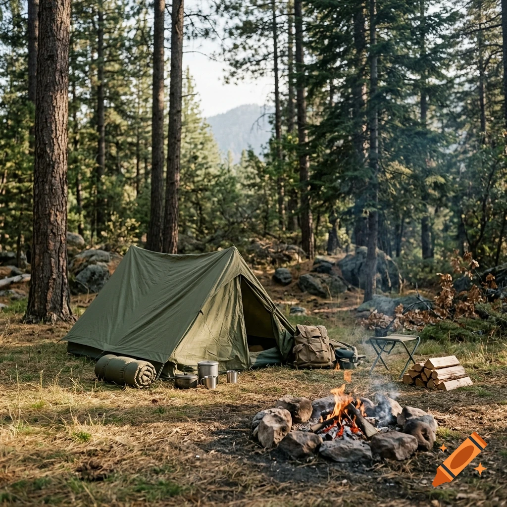 Photorealistic campsite in a pine forest with a green tent, campfire, sleeping bag, and camping gear on the ground.