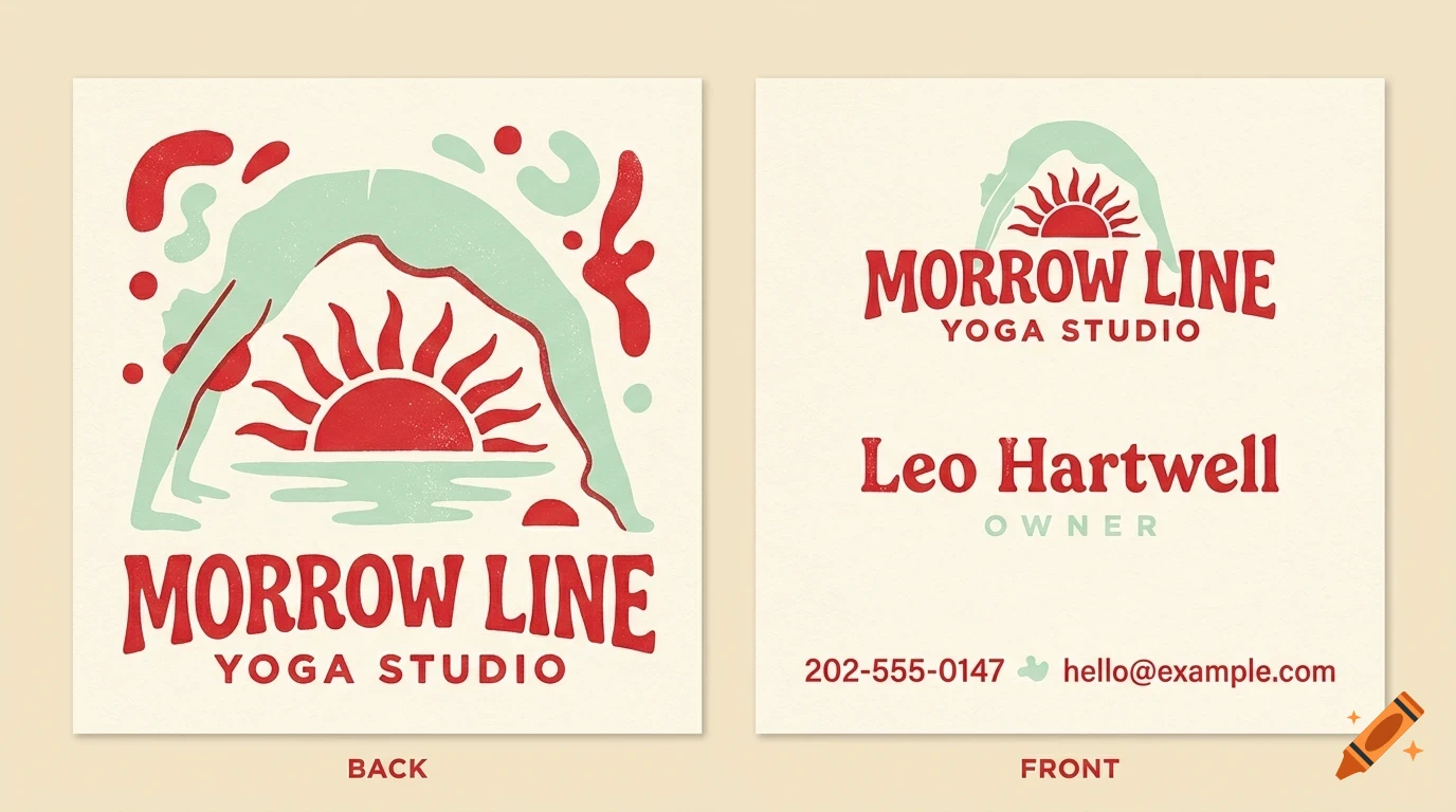 A business card design for Morrow Line Yoga Studio featuring a person doing a backbend over a red sun and water graphic on the back, and the studio name, owner name Leo Hartwell, and contact details on the front.