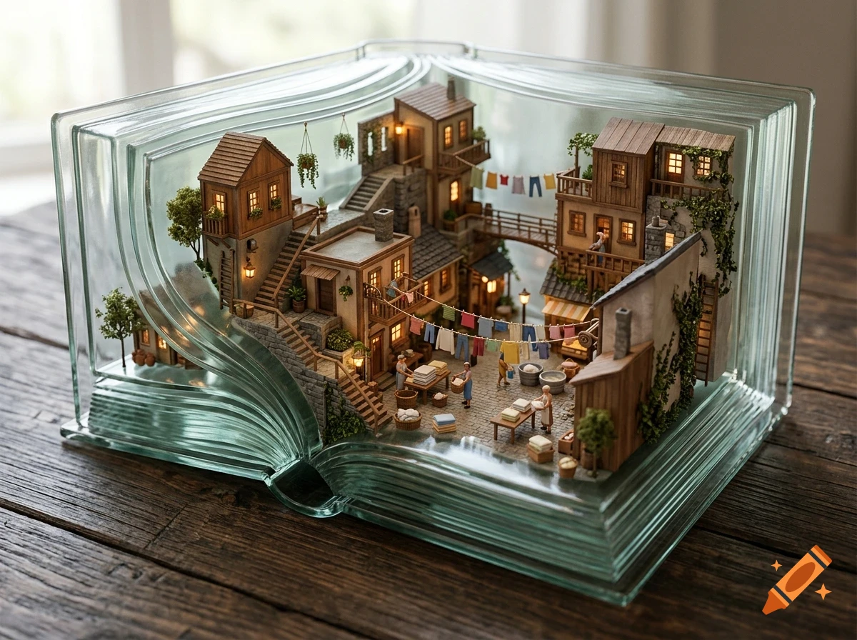 A detailed miniature diorama of a village built inside a hollow glass book on a wooden table.