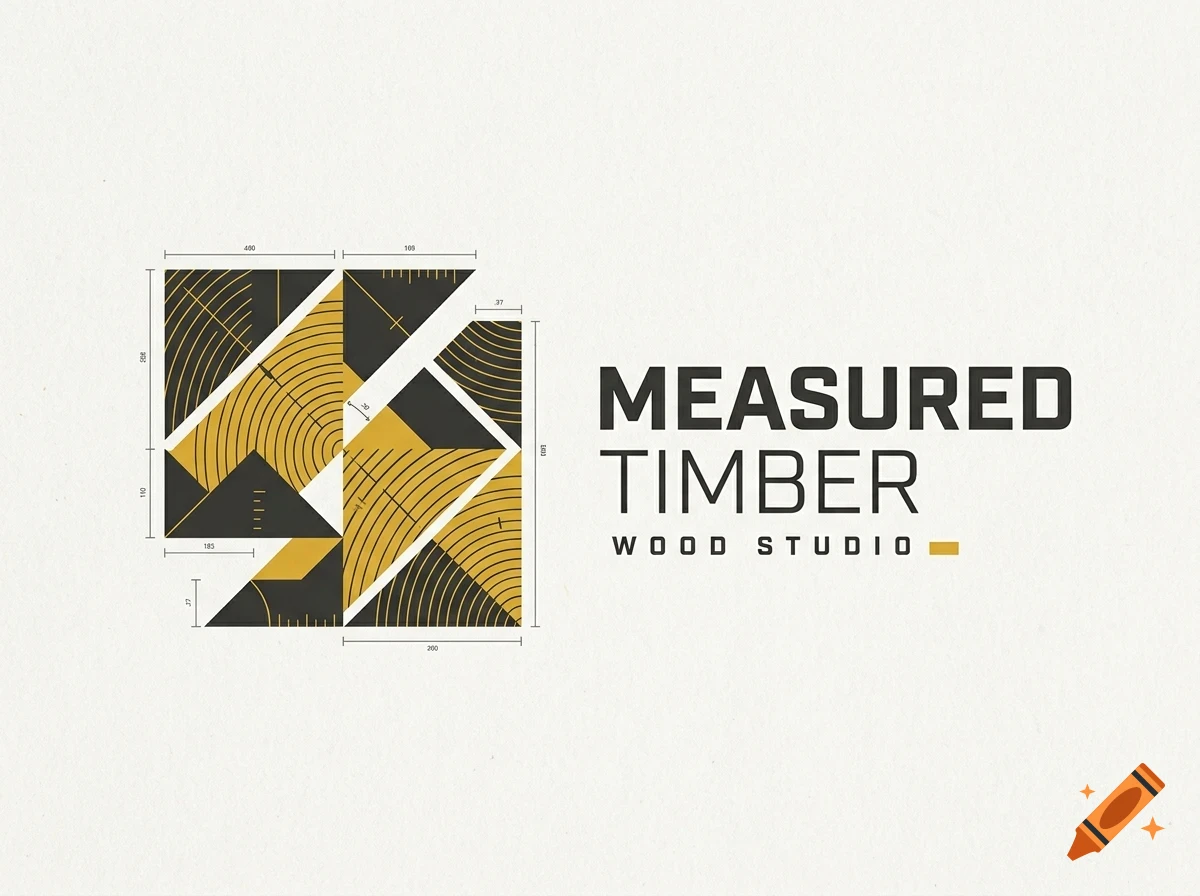 A logo design for 'MEASURED TIMBER WOOD STUDIO' featuring a geometric wood grain graphic with architectural measurements and dark and gold tones.