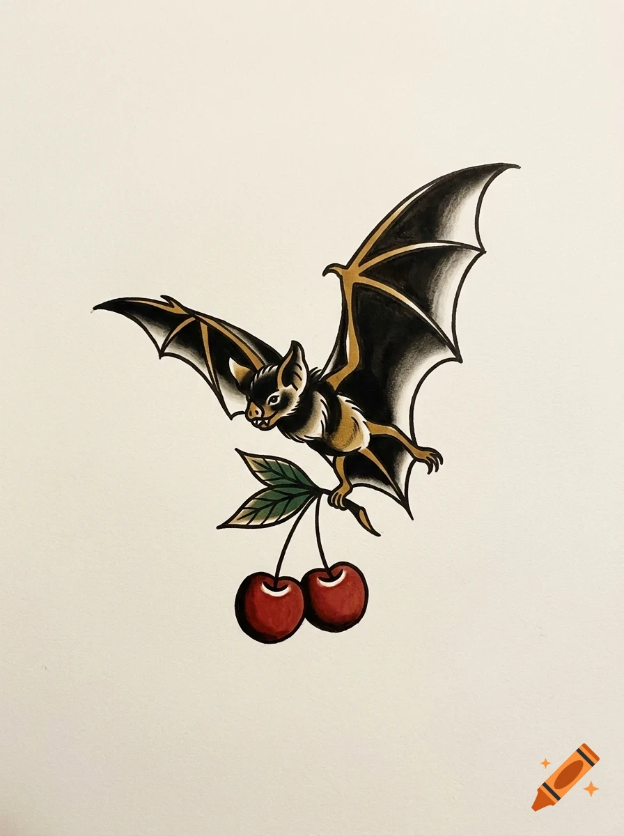 An illustrated traditional tattoo flash of a bat flying while holding a stem with two red cherries.