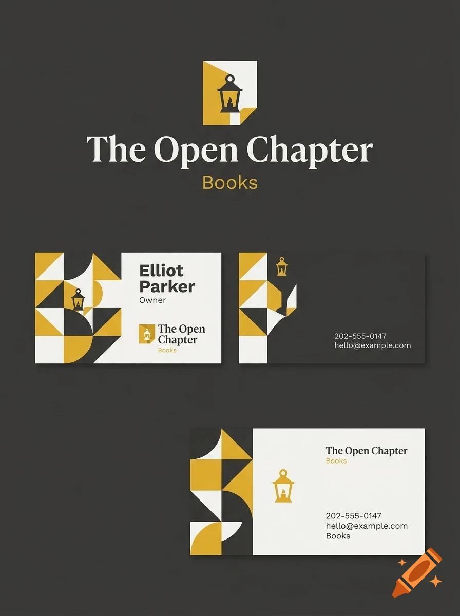 Branding mockup for The Open Chapter Books, featuring geometric patterns in black, white, and gold with a lantern icon.
