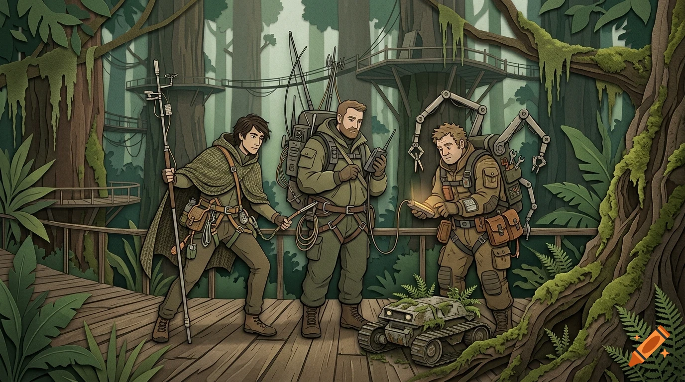 Three explorers with high-tech equipment and a robotic rover examine a device on a wooden walkway in a dense forest.