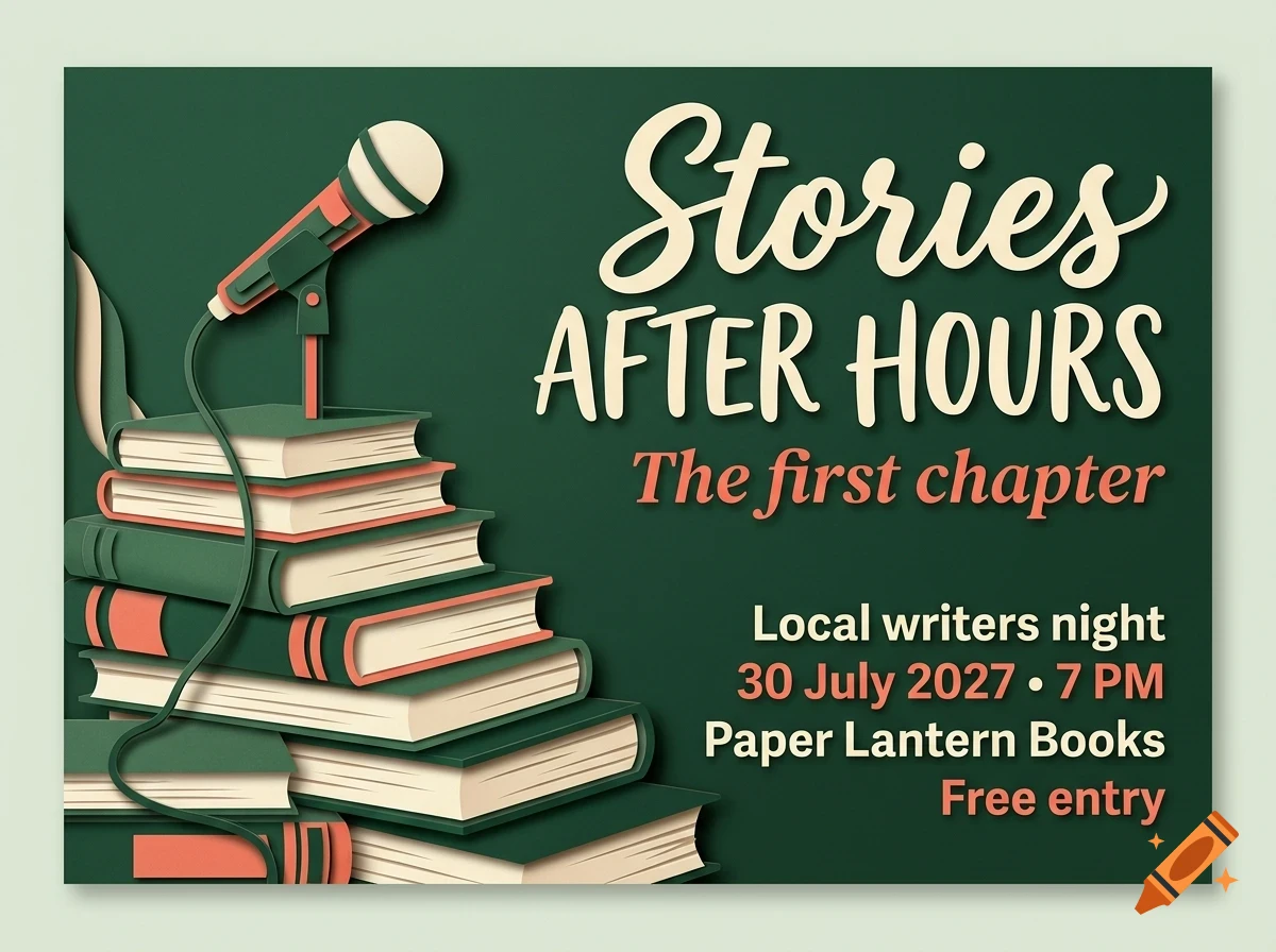 An illustrated poster with a stack of books, a microphone on top, and the text Stories After Hours.