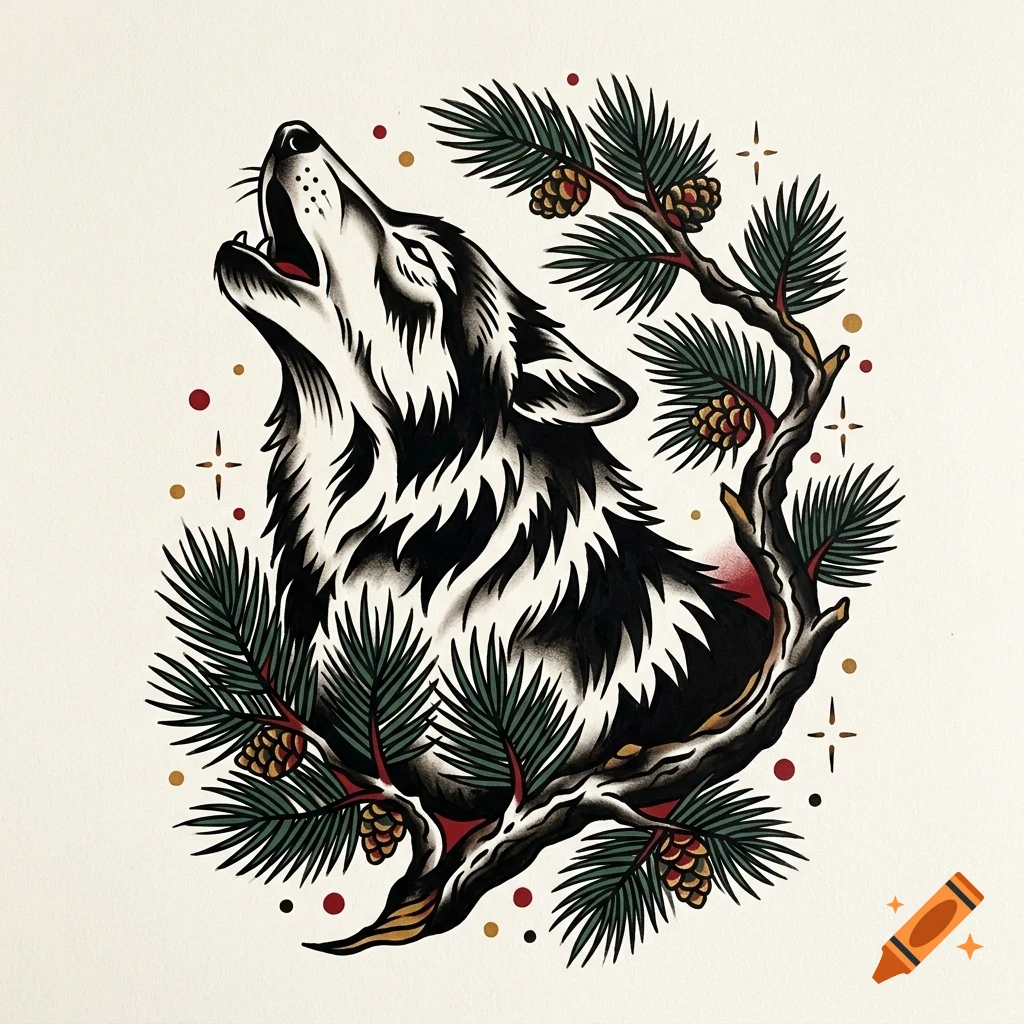 Traditional tattoo style illustration of a howling wolf surrounded by pine branches and pinecones on a cream background.