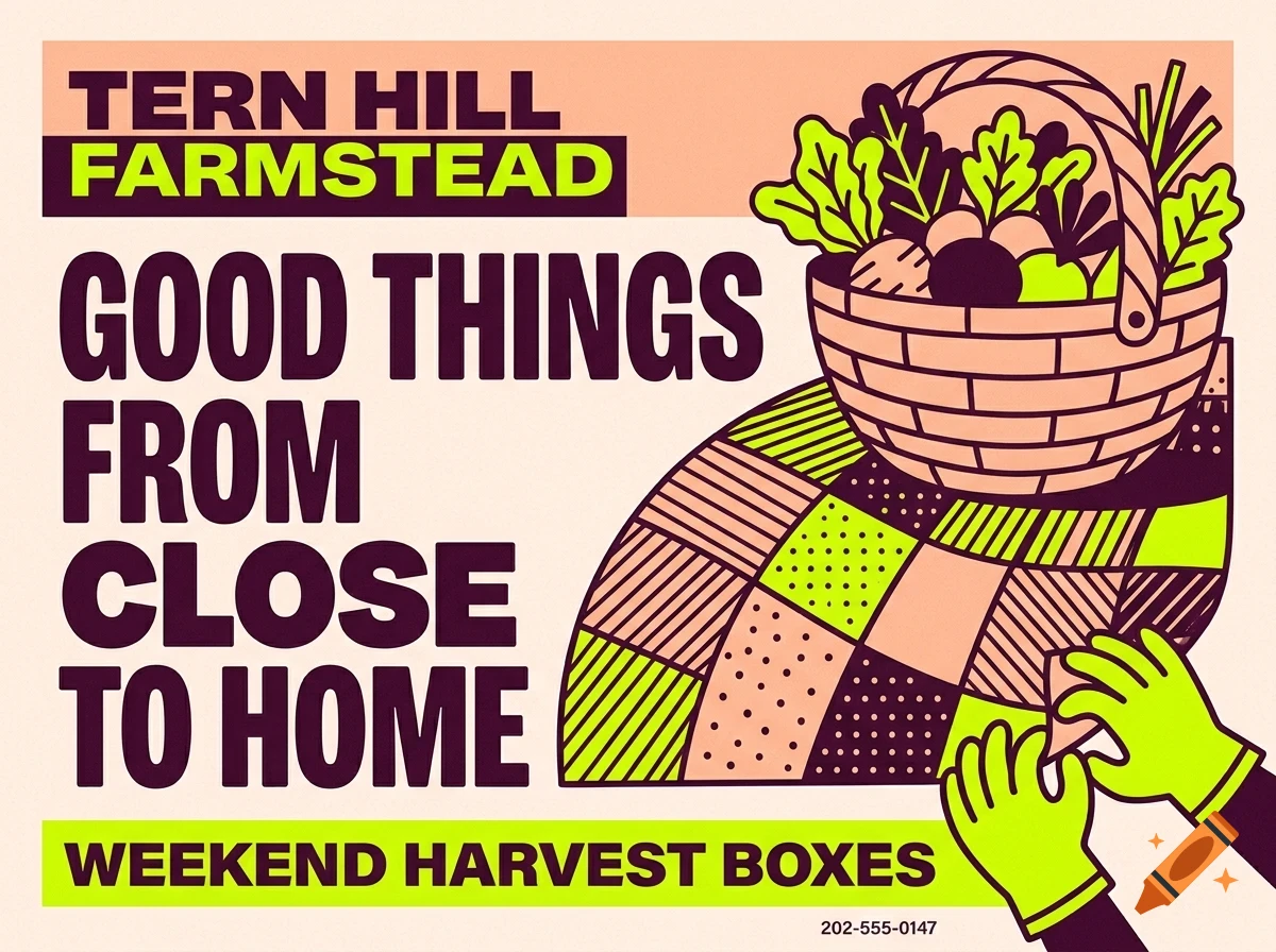 An illustration of a basket filled with vegetables on a patterned blanket, accompanied by the text 'Tern Hill Farmstead' and 'Good things from close to home'.