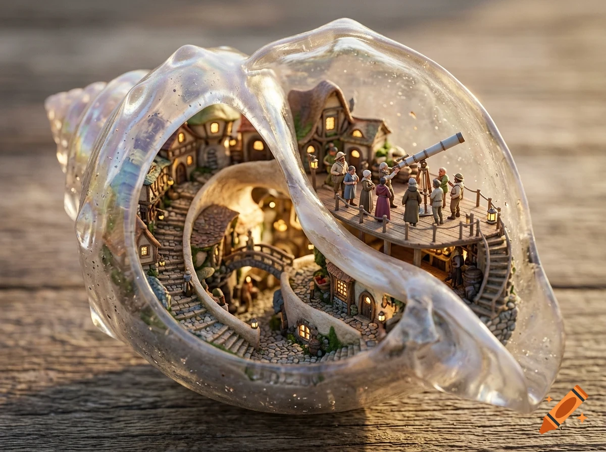A miniature fantasy village built inside a hollowed-out translucent seashell, featuring tiny houses, winding stairs, and people gathered around a telescope.
