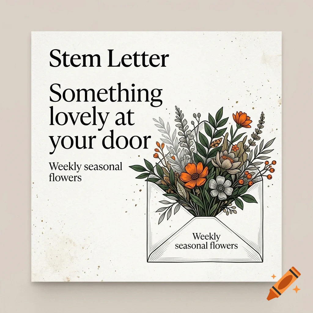 An illustrated graphic with the text 'Stem Letter' and 'Something lovely at your door', featuring an envelope filled with various flowers and foliage.