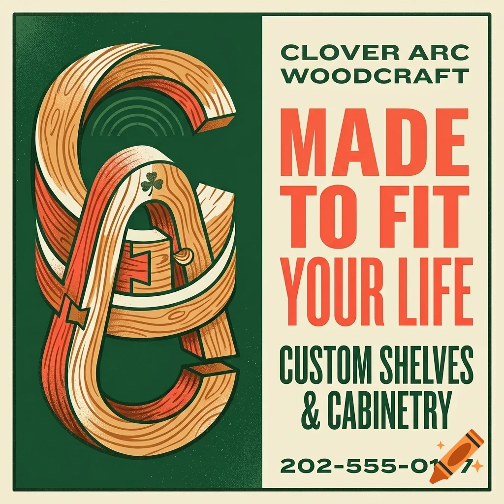 An advertisement for Clover Arc Woodcraft featuring stylized wooden lettering CA and text MADE TO FIT YOUR LIFE.