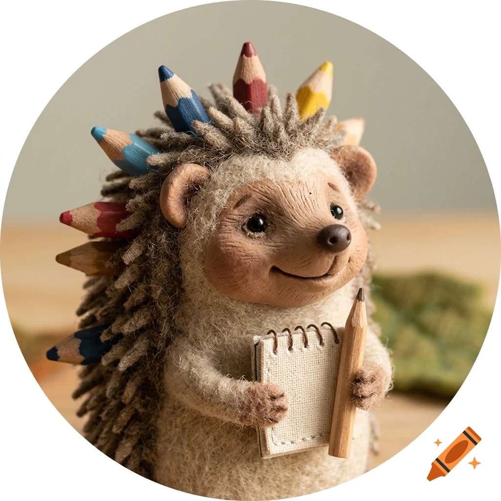 A cute figurine of a hedgehog holding a tiny notebook and pencil, with colorful pencils protruding from its back like quills.