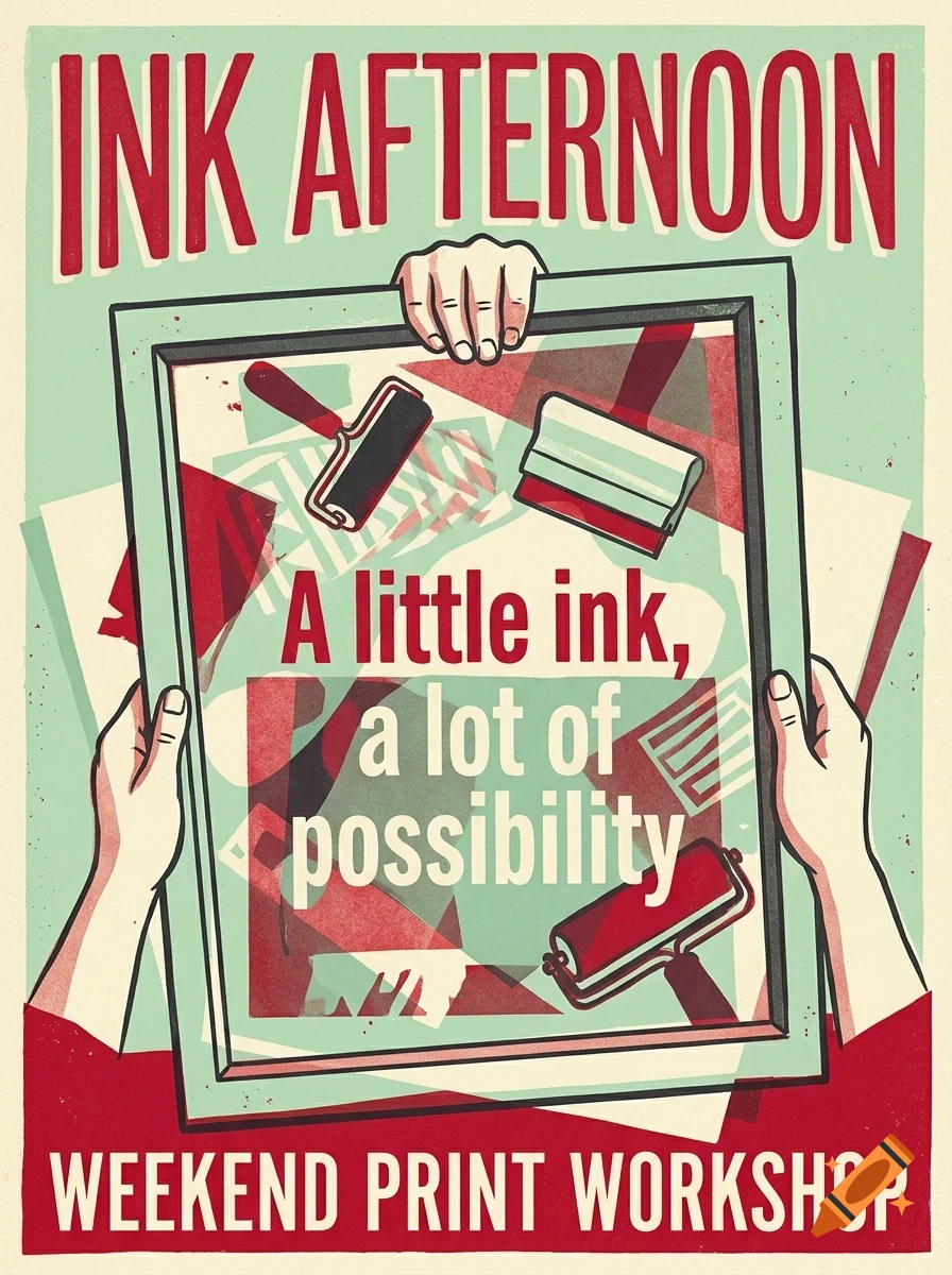 A poster with hands holding a printing frame, surrounded by rollers and text reading 'INK AFTERNOON' and 'WEEKEND PRINT WORKSHOP'.