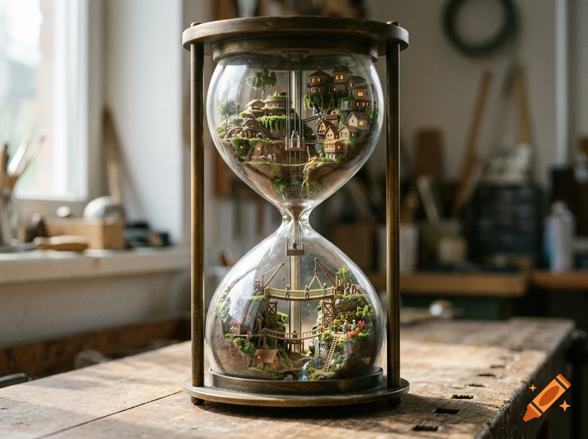 An hourglass filled with miniature villages, landscapes, and tiny glowing houses inside its glass bulbs.