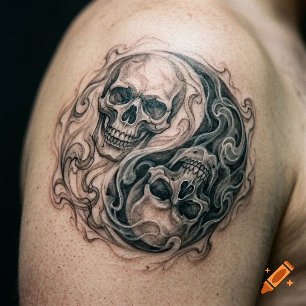 Close-up photograph of a detailed black and grey tattoo on a person's shoulder, depicting a yin yang symbol made of skulls and smoke.