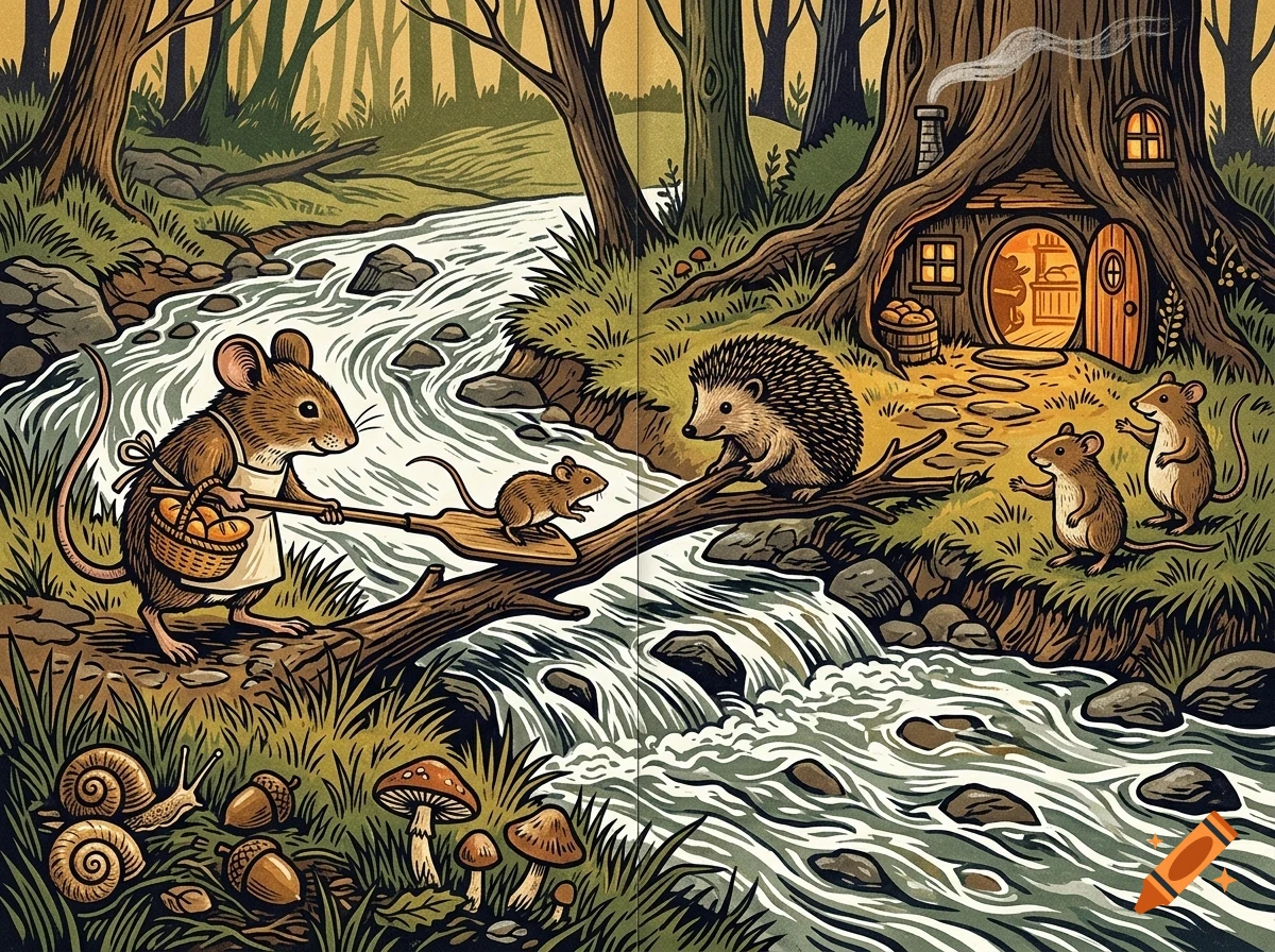 An illustrated woodland scene with anthropomorphic mice and a hedgehog near a stream and a hollow tree home.