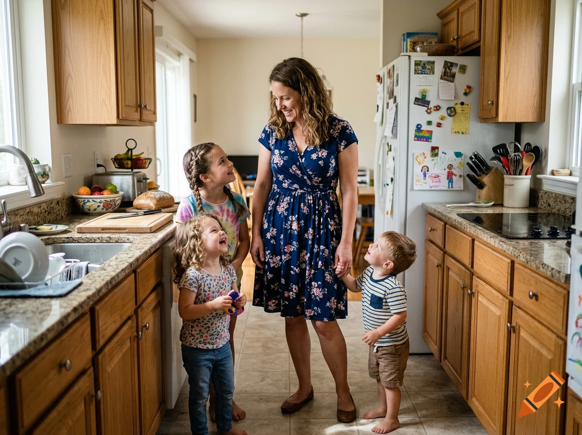 Photorealistic family scene in a kitchen with a mother in a blue floral dress and three smiling children.