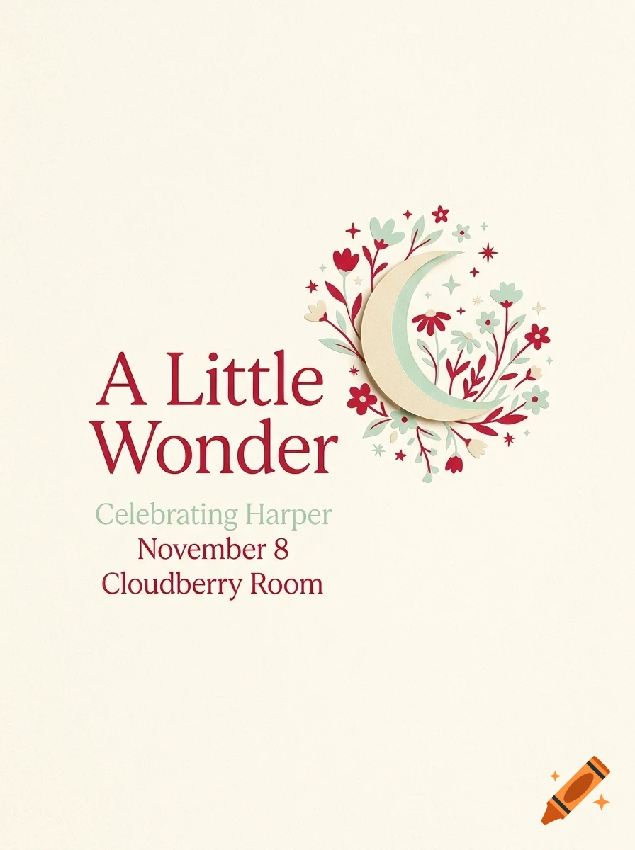 An invitation card featuring the text A Little Wonder, Celebrating Harper, November 8, Cloudberry Room, alongside an illustration of a crescent moon and flowers.